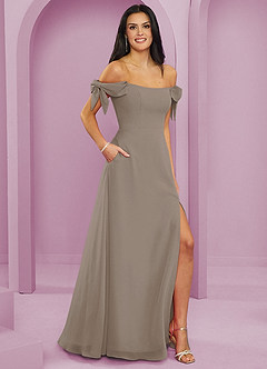 Barbie ♥ Azazie Jurken voor bruidsmeisjes Converteerbaar Jurk van Chiffon met A-Lijn Off the Shoulder Taupe image11