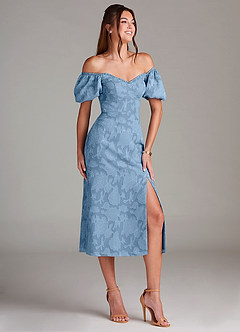 Azazie Evalina Bridesmaid Dresses Steel Blue Sheath Floral Burnout Dress image3