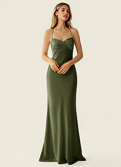 Valerianaire Olive Robe de bal en satin ornée de perles image3