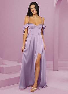 Barbie ♥ Azazie Robes de demoiselle d'honneur Robe Trapèze en Satin extensible Épaule décolletée Frostiges Flieder image13