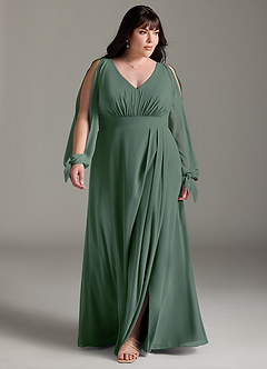 Azazie Matilda Bridesmaid Dresses Eucalyptus A-Line Long Sleeve Chiffon Dress image14