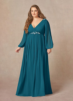 Azazie Gypsy vestidos de madre de la novia Vestido de Azul Tinta de Gasa de Corte En A con Lentejuelas cuello pico image7