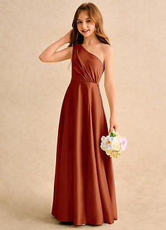 Azazie Puddles Junior Formal Flower Girl Dresses Paprika A-Line One Shoulder Matte Satin Dress image6