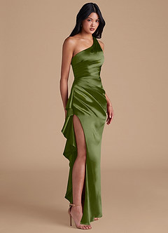 Azazie Latrice Brautjungfernkleider Etui One-Shoulder Metallischer Satin Kleid Olivgrün image1