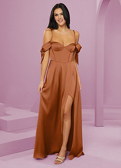 Barbie ♥ Azazie Bridesmaid Dresses Copper A-Line Off the Shoulder Stretch Satin Dress image13