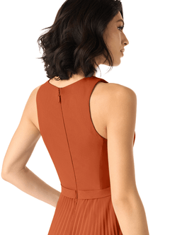 Azazie Lindie Vestidos de damas de honor Vestido de Naranja Quemada de Gasa de Corte en A con Cuello en V plisado image5