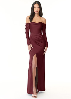 Azazie Hallie Vestidos de damas de honor Vestido de Cabernet de Satén Elástico de Corte Recto Convertible con Manga larga con hombros descubiertos image3