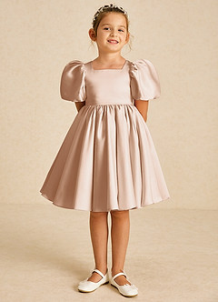 Azazie Muffin Flower Girl Dresses English Rose A-Line with Sleeves Matte Satin Dress image2