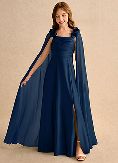 Azazie Rosita Girls Formal Flower Girl Dresses Dark Navy A-Line Pleated Stretch Satin Dress image3