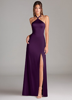 Azazie Elliana Bridesmaid Dresses Grape A-Line Side Slit Stretch Satin Dress image4