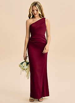 Azazie Akilah Junior Burgundy Sheath Pleated Stretch Satin Dress image3