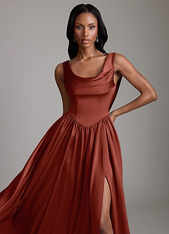 Azazie Novi Bridesmaid Dresses Terracotta A-Line with Pockets Stretch Satin Dress image3