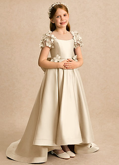 Azazie Charity Flower Girl Dresses Champagne A-Line with Sleeves Matte Satin Dress image4
