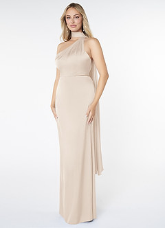 Azazie Kaylani Vestidos de damas de honor Vestido de Alabastro Blanco de Satén Elástico de Corte Sirena con Cuello Alto image3