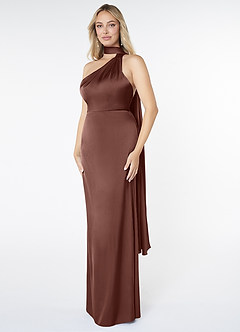 Azazie Kaylani Bridesmaid Dresses Espresso Mermaid High Neck Stretch Satin Dress image3