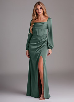 Azazie Charissa Bridesmaid Dresses Sea Moss Sheath Long Sleeve Stretch Satin Dress image4