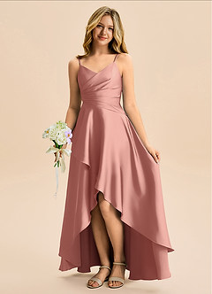 Azazie Eirlys Junior A-Linie Plissee Stretch-Satin Kleid Rosettenrosa image1