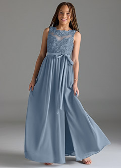 Azazie Elly Junior Dusty Blue A-Line Lace Chiffon Dress image1