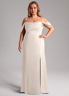 Azazie Saige Bridesmaid Dresses White Alabaster Sheath Off the Shoulder Stretch Satin Dress image15