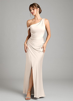 Azazie Madelyn Vestidos de damas de honor Vestido Alabastro Blanco de Satén Elástico de Corte Sirena Convertible con Un hombro image1
