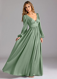 Azazie Norah Brautjungfernkleider A-Linie Stretch-Satin Kleid Matcha image3