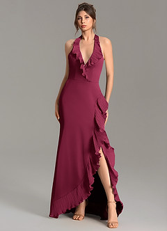 Azazie Mailon At-home Try On Dresses Burgundy Mermaid Ruched Stretch Satin Dress image4