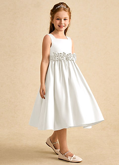 Azazie Peaches Flower Girl Dresses Ivory A-Line Bow Matte Satin Dress image3
