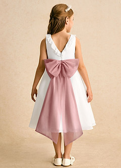 Azazie Dani Robe Demoiselle D'honneur Fillette Robe Trapèze en Mousseline de soie Nœud Ivoire Rose Poussiéreux image7
