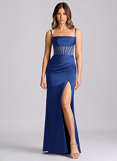 Azazie Alyce Robes de demoiselle d'honneur Robe Sirène Convertible en Satin extensible Épaule décolletée Bleu Roi image5