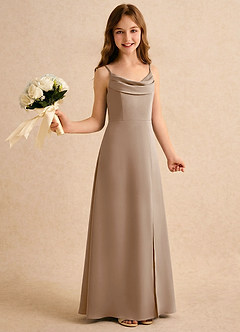 Azazie Shira Girls Formal Flower Girl Dresses Taupe A-Line Pleated Stretch Satin Dress image4