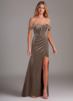 Azazie Jas Bridesmaid Dresses Silver Taupe Sheath Off-The-Shoulder Corset Velvet Convertible Dress image4