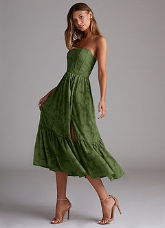 Azazie Delphina Bridesmaid Dresses Olive A-Line Strapless Floral Burnout Convertible Dress image5