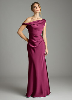Azazie Emerson Bridesmaid Dresses Red Plum Mermaid Off the Shoulder Stretch Satin Dress image1