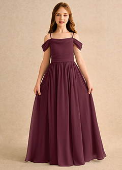 Azazie Shia Girls Formal vestidos de niña de las flores Vestido Cabernet de Gasa de Corte en A con Hombros descubiertos image5