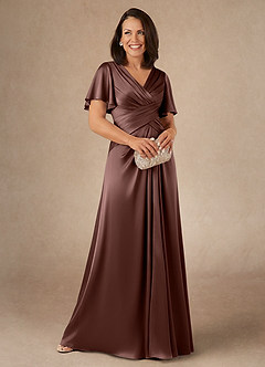 Azazie Emmeline Mother of the Bride Dresses Espresso A-Line Pleated Stretch Satin Dress image1
