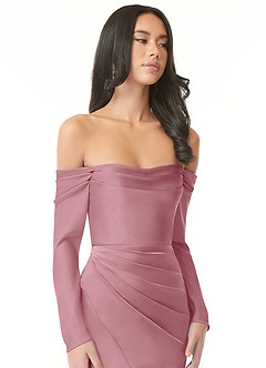 Azazie Hallie Bridesmaid Dresses Vintage Mauve Mermaid Off-The-Shoulder Long Sleeve Stretch Satin Convertible Dress image1