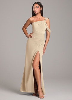Azazie Wynter Bridesmaid Dresses Champagne Sheath Off the Shoulder Chiffon Dress image4