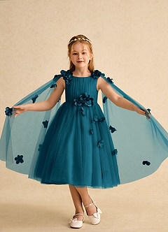 Azazie Staria Flower Girl Dresses Ink Blue Ball-Gown Ruched Tulle Dress image4