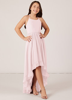 Azazie Sarafina Junior Blushing Pink A-Line Lace Chiffon Dress image1