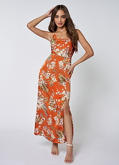 Remarkable Beauty Orange Floral Satin Midi Dress image3