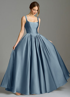 Azazie Verina At-home Try On Dresses Dusty Blue A-Line Pleated Stretch Satin Dress image5