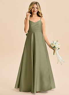 Azazie Rumi Junior Vestido de Pistacho de Satén Elástico de Corte en A con Plisado image4