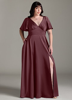 Azazie Kimber Bridesmaid Dresses Sangria A-Line Ruched Stretch Satin Dress image9