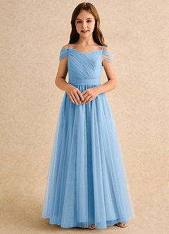 Azazie Yuna Girls Formal Abiti da Ragazza di Fiori Abito A-Line in Tulle Spalle Scoperte Azzurro Polvere image4