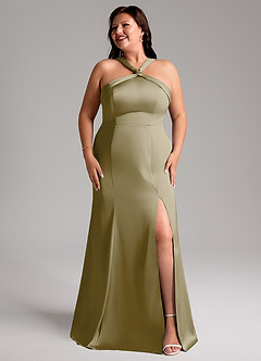 Azazie Rue Bridesmaid Dresses Moss Green A-Line Pleated Stretch Satin Dress image10
