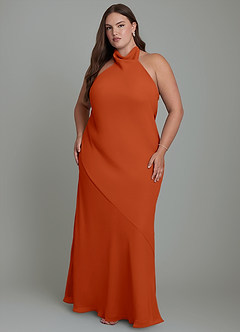 Azazie Velli Robes de demoiselle d'honneur Robe Sirène en Mousseline de soie Col haut Orange Brûlée image8