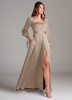 Azazie Leonia Bridesmaid Dresses Taupe A-Line Long Sleeve Stretch Satin Dress image10