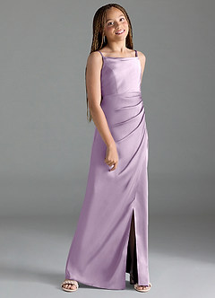 Azazie Leonis Junior Frosted Lilac A-Line Pleated Stretch Satin Dress image3