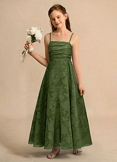 Azazie Pebbles Junior Formal Jurken voor bloemenmeisjes A-Lijn Jurk van Bloemen Burn-out Geplooid Olijf image1