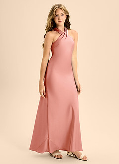 Azazie Doretta Junior Coral A-Line Pleated Stretch Satin Dress image6